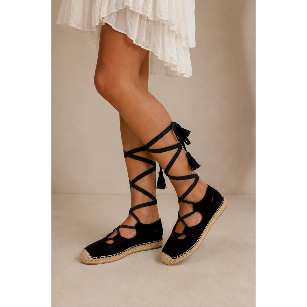 Altuzarra Espadrille Flats 36 Black Suede Lace Up Tassel Gladiator Boho Luxury